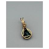 Green Teardrop Pendant - Wire-Wrapped Gold-Tone Setting with Dark Green Gem