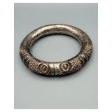 Silver-Tone Hinged Bangle Bracelet with Knurled Bands and Circular Rosette Motifs