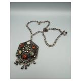 Hexagonal Pendant Necklace - Multi-Colored Cabochons - 20" Chain