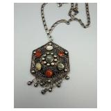 Hexagonal Pendant Necklace - Multi-Colored Cabochons - 20" Chain