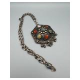 Hexagonal Pendant Necklace - Multi-Colored Cabochons - 20" Chain