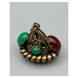 Vintage Gold-Tone Filigree Pendant - Green & Red Cabochons, Black Center Stone