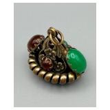 Vintage Gold-Tone Filigree Pendant - Green & Red Cabochons, Black Center Stone