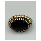 Vintage Gold-Tone Filigree Pendant - Green & Red Cabochons, Black Center Stone