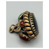 Vintage Gold-Tone Filigree Pendant - Green & Red Cabochons, Black Center Stone