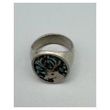 Deer Head Turquoise Inlay Ring - Silver Tone