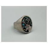 Deer Head Turquoise Inlay Ring - Silver Tone