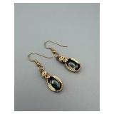 Green Stone Gold-Tone Drop Earrings, Pair