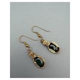 Green Stone Gold-Tone Drop Earrings, Pair