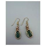 Green Stone Gold-Tone Drop Earrings, Pair