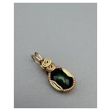 Gold-Tone Wire-Wrapped Pendant with Green Cabochon