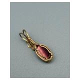 Pink Cabochon Pendant - Gold-Tone Wire-Wrapped