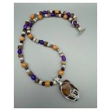 Wire-Wrapped Stone Pendant Necklace - Purple Beads & Peach Beads, 19 in