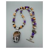 Wire-Wrapped Stone Pendant Necklace - Purple Beads & Peach Beads, 19 in