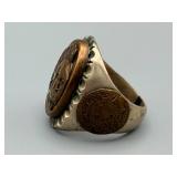 Biker Ring - Silver Signet with Chief Head Medallion & Inlays