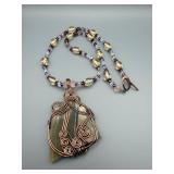 Copper Wire-Wrapped Banded Stone Pendant Necklace with Pink-Lavender Beads
