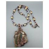 Copper Wire-Wrapped Banded Stone Pendant Necklace with Pink-Lavender Beads