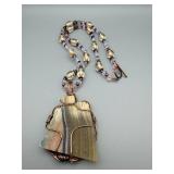 Copper Wire-Wrapped Banded Stone Pendant Necklace with Pink-Lavender Beads