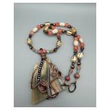 Copper Wire-Wrapped Agate Pendant Necklace - Multicolor Bead Chain - Handmade