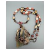 Copper Wire-Wrapped Agate Pendant Necklace - Multicolor Bead Chain - Handmade
