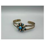 Bracelet - Turquoise Flower Cluster Cuff in Silver-Tone Metal