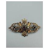 Brooch - Victorian-Style Gold-Tone Filigree with Purple Center Stone