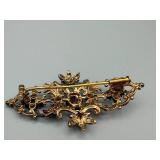 Brooch - Victorian-Style Gold-Tone Filigree with Purple Center Stone