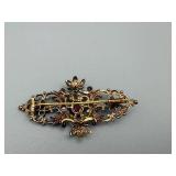 Brooch - Victorian-Style Gold-Tone Filigree with Purple Center Stone