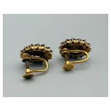Garnet Cluster Screw-Back Earrings - Gold-Tone, Vintage Style, Pair