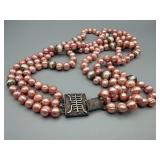 Pink Bead Necklace - Multi-Strand, 16 in Length - Decorative Clasp