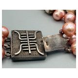 Pink Bead Necklace - Multi-Strand, 16 in Length - Decorative Clasp