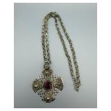 Cross Pendant Necklace - Purple Center Stone with Matching Earrings Set