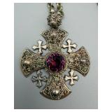 Cross Pendant Necklace - Purple Center Stone with Matching Earrings Set