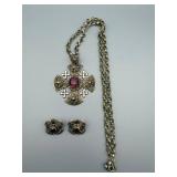 Cross Pendant Necklace - Purple Center Stone with Matching Earrings Set