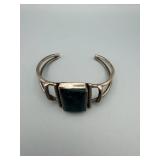 Bracelet - Open Silver Cuff with Dark Green Stone