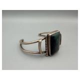 Bracelet - Open Silver Cuff with Dark Green Stone