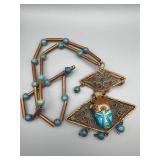 Copper-Tone Necklace with Twin Diamond Pendants & Turquoise Bead Accents