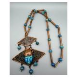 Copper-Tone Necklace with Twin Diamond Pendants & Turquoise Bead Accents