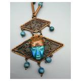 Copper-Tone Necklace with Twin Diamond Pendants & Turquoise Bead Accents