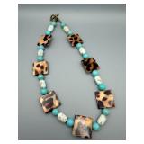 Tortoiseshell-Pattern Square Bead Necklace - Turquoise & White Marbled Accent Beads