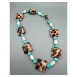 Tortoiseshell-Pattern Square Bead Necklace - Turquoise & White Marbled Accent Beads