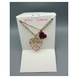 Betsey Johnson Heart Pendant Necklace with Rhinestone Crystal Heart & Pink Rose Charms