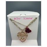 Betsey Johnson Heart Pendant Necklace with Rhinestone Crystal Heart & Pink Rose Charms
