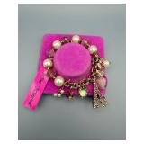 Betsey Johnson Charm Bracelet With Pink Pearls, Crystals, Eiffel Tower Charm