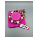 Betsey Johnson Charm Bracelet With Pink Pearls, Crystals, Eiffel Tower Charm