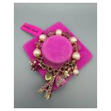 Betsey Johnson Charm Bracelet With Pink Pearls, Crystals, Eiffel Tower Charm