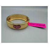 Betsey Johnson Gold Tone Heart Bangle Bracelet with Pink Pavé Heart