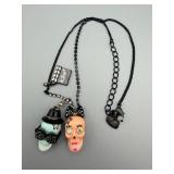 Betsey Johnson Skull Pendant Necklace - Double Skull Charms on Black Chain with Rhinestone Eyes