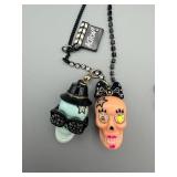 Betsey Johnson Skull Pendant Necklace - Double Skull Charms on Black Chain with Rhinestone Eyes