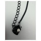 Betsey Johnson Skull Pendant Necklace - Double Skull Charms on Black Chain with Rhinestone Eyes